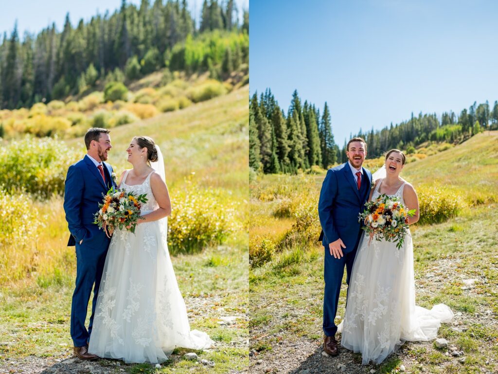 Joyful Colorado mountain wedding – The bride and the groom are laughing and sharing a natural and honest time in a blooming alpine meadow with golden fall foliage. It is a Colorado wedding photographer who offers colorful and natural outdoor wedding photos.
