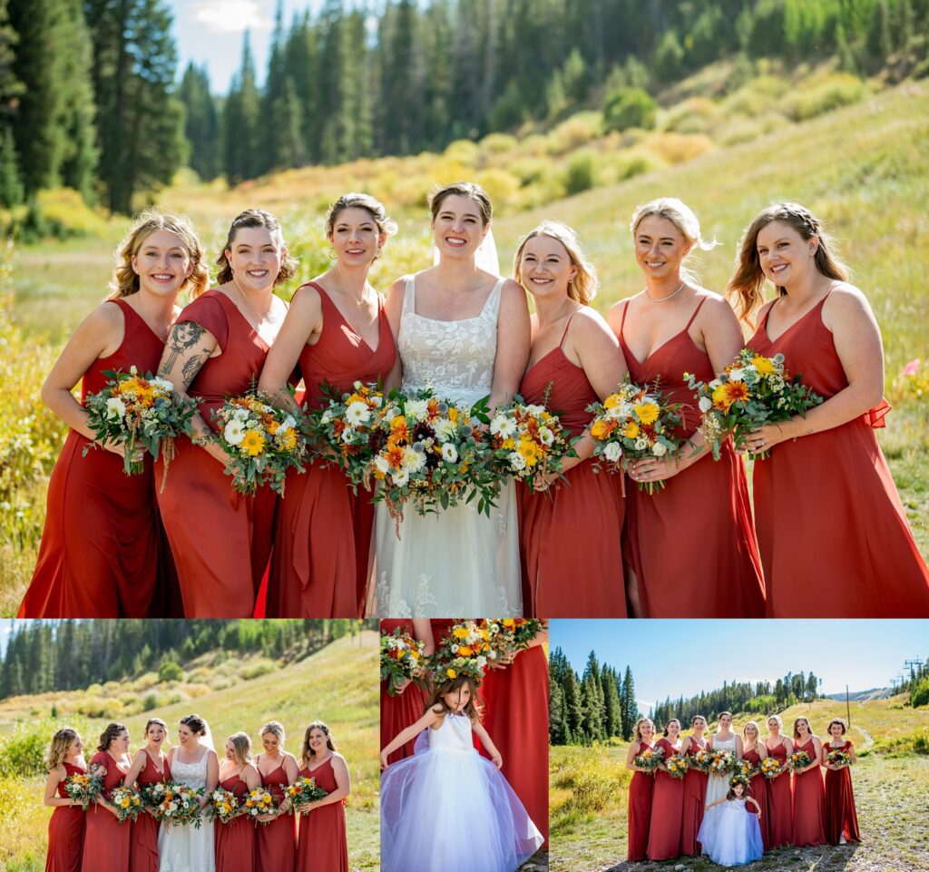 The Colorado mountain wedding will start with the bridal party – The alpine meadow is such a picturesque spot for the bride and her friends to pose with the colorful flowers. The photographer on the fall wedding day managed to capture the a well of the bridesmaids' and a flower girl's happy moments.