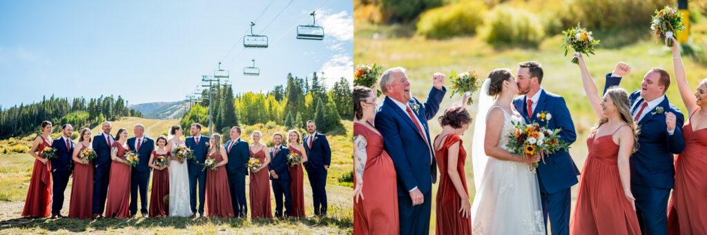 A Colorado mountain wedding party is celebrating in an alpine meadow with ski lifts in the background. The beautiful love scene shared by the bride and groom is watched by bridesmaids in rust-red and groomsmen in navy suits. These beautiful images are captured by a Colorado wedding photographer who specializes in outdoor and fall weddings.