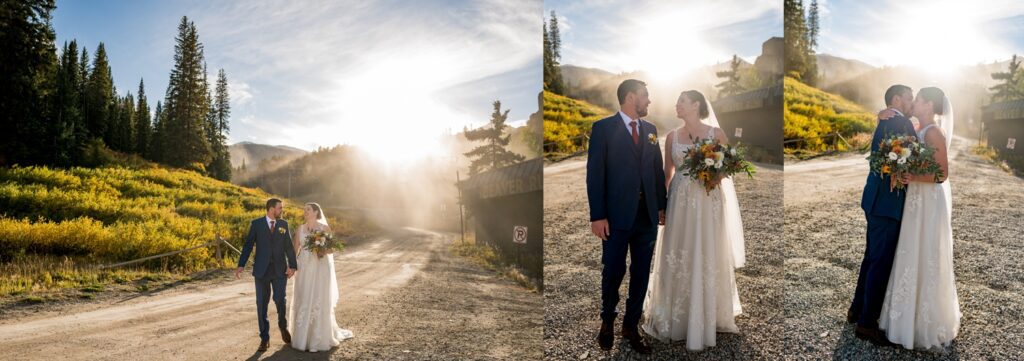 At Beaver Run Resort in Breckenridge, Colorado, the bride and the groom capture a mysterious sunset in a very romantic manner when walking in the golden hour with Rockies & the beautiful fall foliage in the background. The kids play nearby and the parents are very relaxed holding their hands and walking very slowly. In the first five minutes before the sunset, the sky is filled with golden, magenta and blue